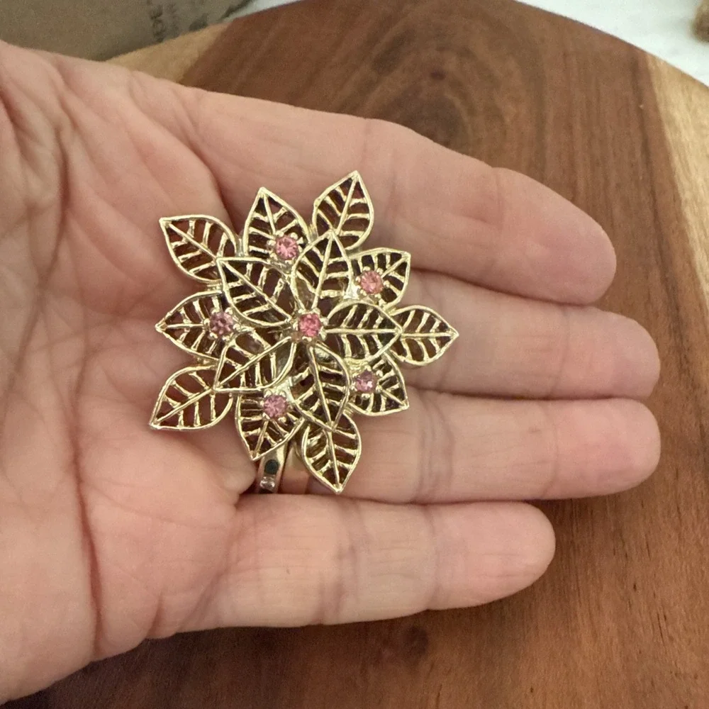 Vintage Christmas Poinsettia, Snowflake, Flowers Gold Tone Brooch